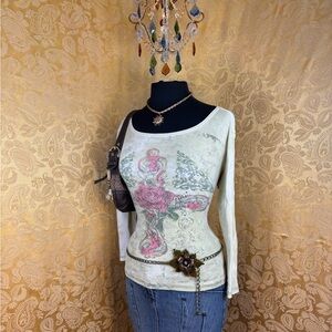 ✨Vintage Y2K Grunge Cross & Roses Studded Tie Dye Long Sleeve Top✨